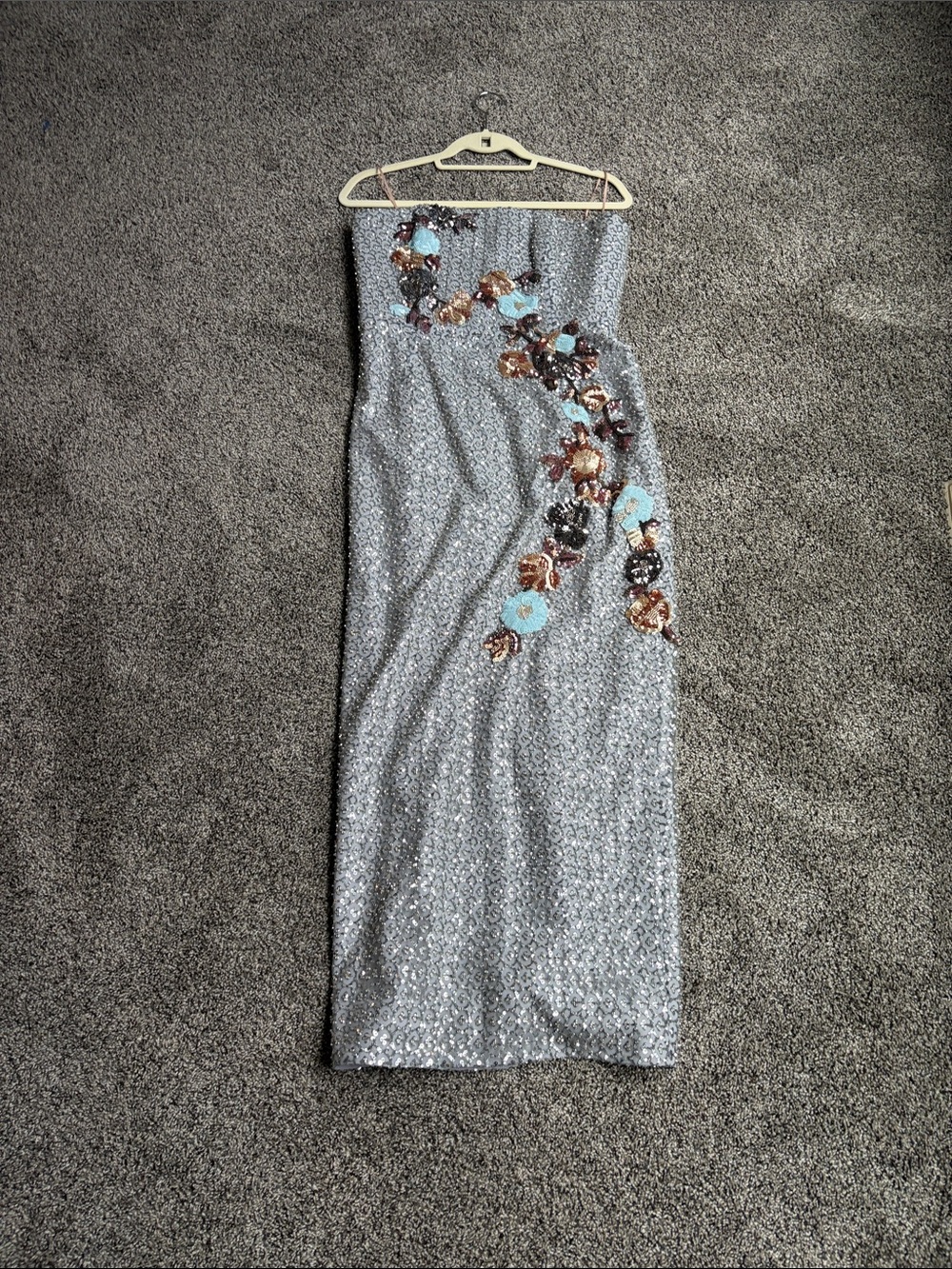 Silver Strapless Sequin Gown with Floral Appliqué